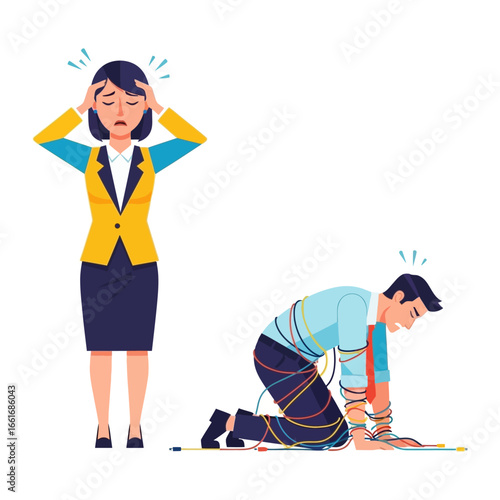 Caught Up: A businessperson tied up in the cords of their workday, while another faces stress and despair, portraying the weight of the modern business environment.