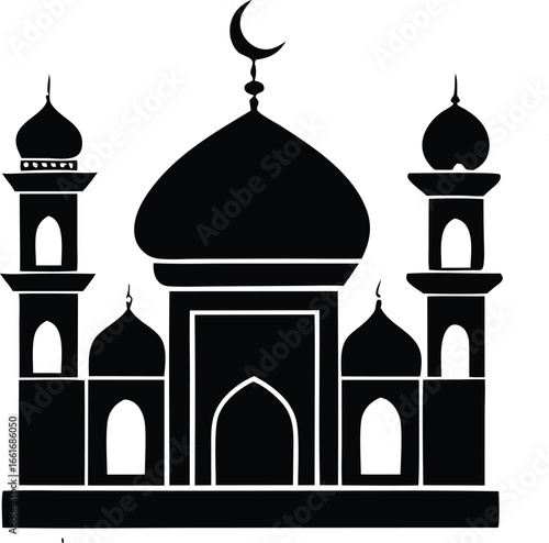 Striking silhouette of an islamic mosque symbolizing faith worship and architectural grandeur in a black and white design