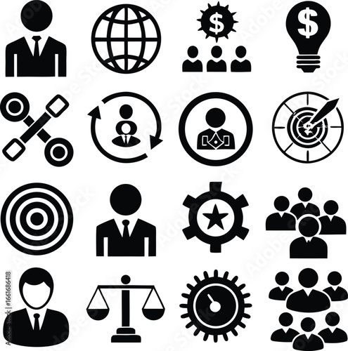 Business and management icon set featuring professionals targets goals teamwork finance and innovation concepts