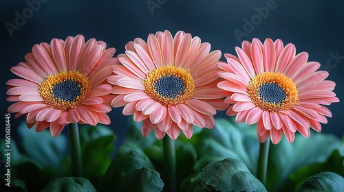 Soft-Focus Pink Gerbera Daisies Macro: Dark Gray Background Blooming Petals Detail
