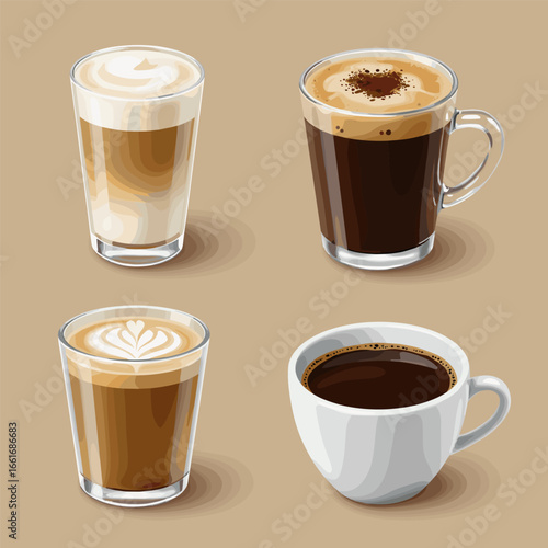 Coffee drinks realistic set with latte and americano