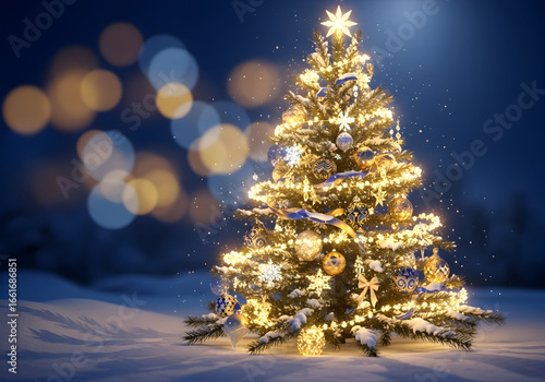 Glowing Christmas Tree with Golden Lights Blue Ribbons and Ornaments in a Snowy Night with Bokeh Background