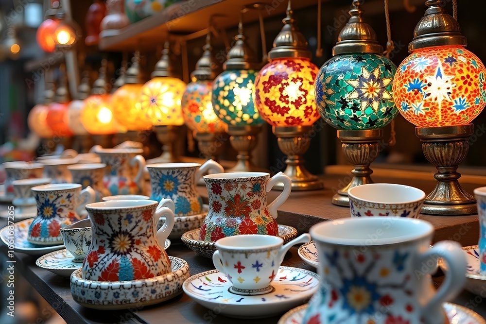 Naklejka premium Abstract Colorful Souvenirs in the Touristic Travel Destinations Grand Bazaar. Ceramics, Mosaic, Porcelain, Coffee Cups and Mosaic Lamps
