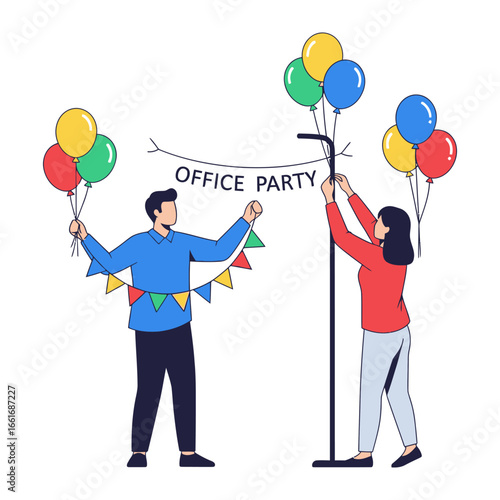 Office Party Preparation: Two individuals prepare for an office party by decorating with colorful balloons and banners, a festive scene evoking feelings of camaraderie and celebration.