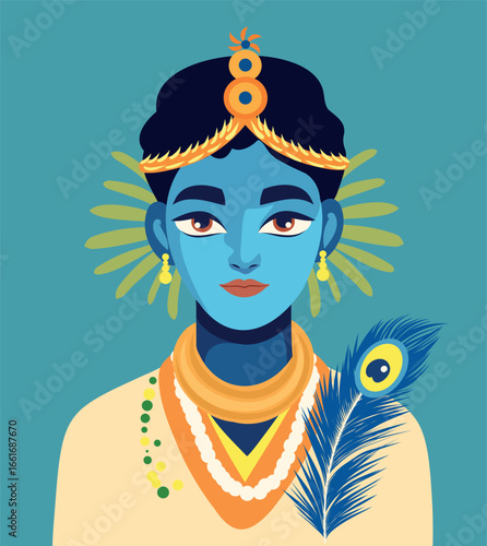 Vector bright portrait of young Indian deity Krishna in peacock feather. Suitable for Janmashtami, Holi, Gita Jayanti, and also for posters, banners, cards and avatars