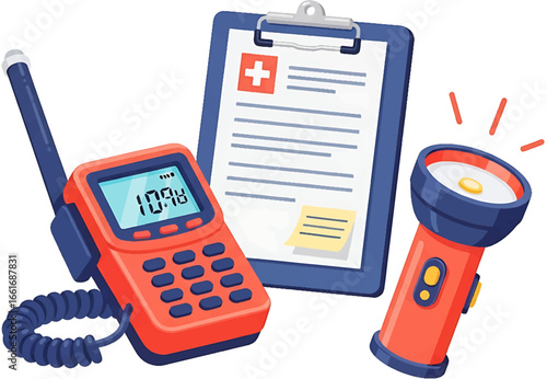 Emergency preparedness kit with a radio, flashlight, and medical report for safety and communication during a disaster