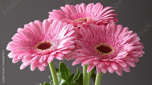 Soft-Focus Pink Gerbera Daisies Macro: Dark Gray Background Blooming Petals Detail
