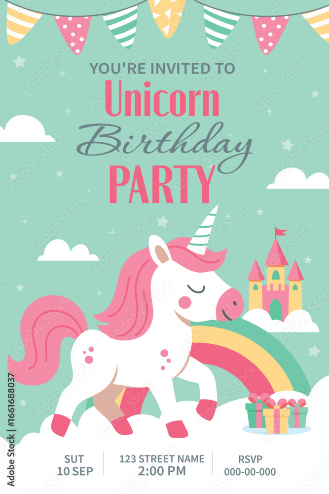Fototapeta premium Unicorn Invitation. Cute vector birthday invitation with a unicorn on a cloud, rainbow and castle. Mint and hot pink shades will create a magical fairy tale atmosphere at a children's party