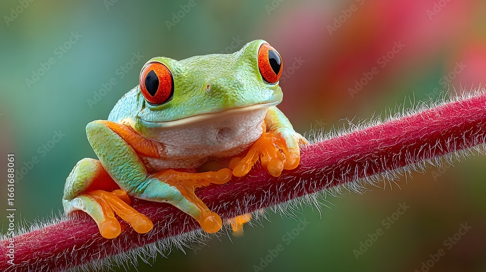 Naklejka premium Charming macro shot of a vibrant green tree frog with bright orange feet, perched on a fuzzy red stem and looking inquisitively toward the camera lens.
