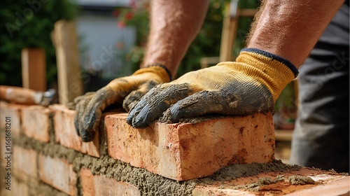 Wallpaper Mural Laying Brick for Wall Construction with Mortar and Protective Gloves Torontodigital.ca