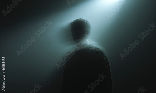A man is standing in the dark with a blurry shadow of him