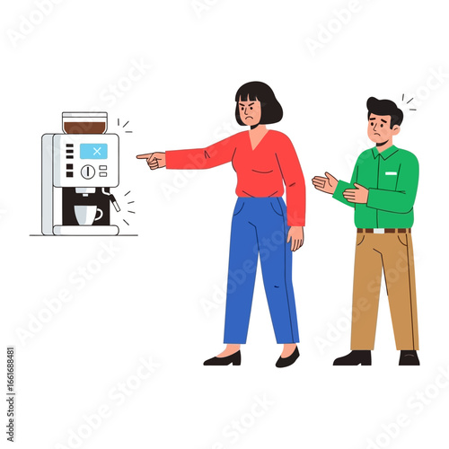 Coffee Machine Breakdown Drama: A frustrated woman points accusingly at a broken coffee machine, while a man looks on with a mix of confusion and concern.