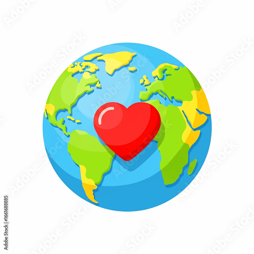 A vibrant cartoon illustration of the Earth globe adorned with a large red heart, symbolizing love for our planet, peace, and environmental protection