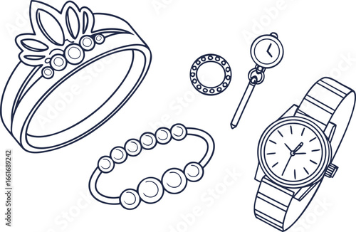 Vector art of assortment of elegant jewelry, including rings, bracelets, and a watch.