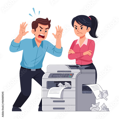 Frustration at the Office: Two coworkers experience workplace trouble with a malfunctioning office machine.