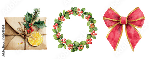 Watercolor set of Christmas elements. Christmas wreath, envelope with a letter, red bow with a gold border. Decor for Christmas designs. Vintage Christmas elements.