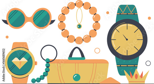 Vector art of a collection of fashion accessories including watches, sunglasses, a beaded necklace, a handbag, and a keychain.