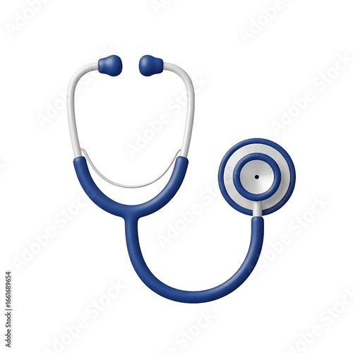 Realistic 3D illustration of a blue medical stethoscope used for health diagnostics and cardiology check-ups, isolated on a white background