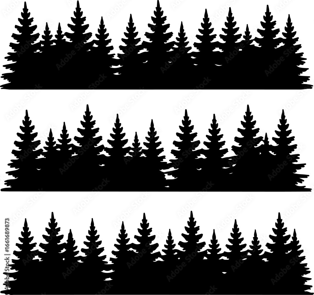 Obraz premium Three horizontal black silhouette strips of dense pine tree forests