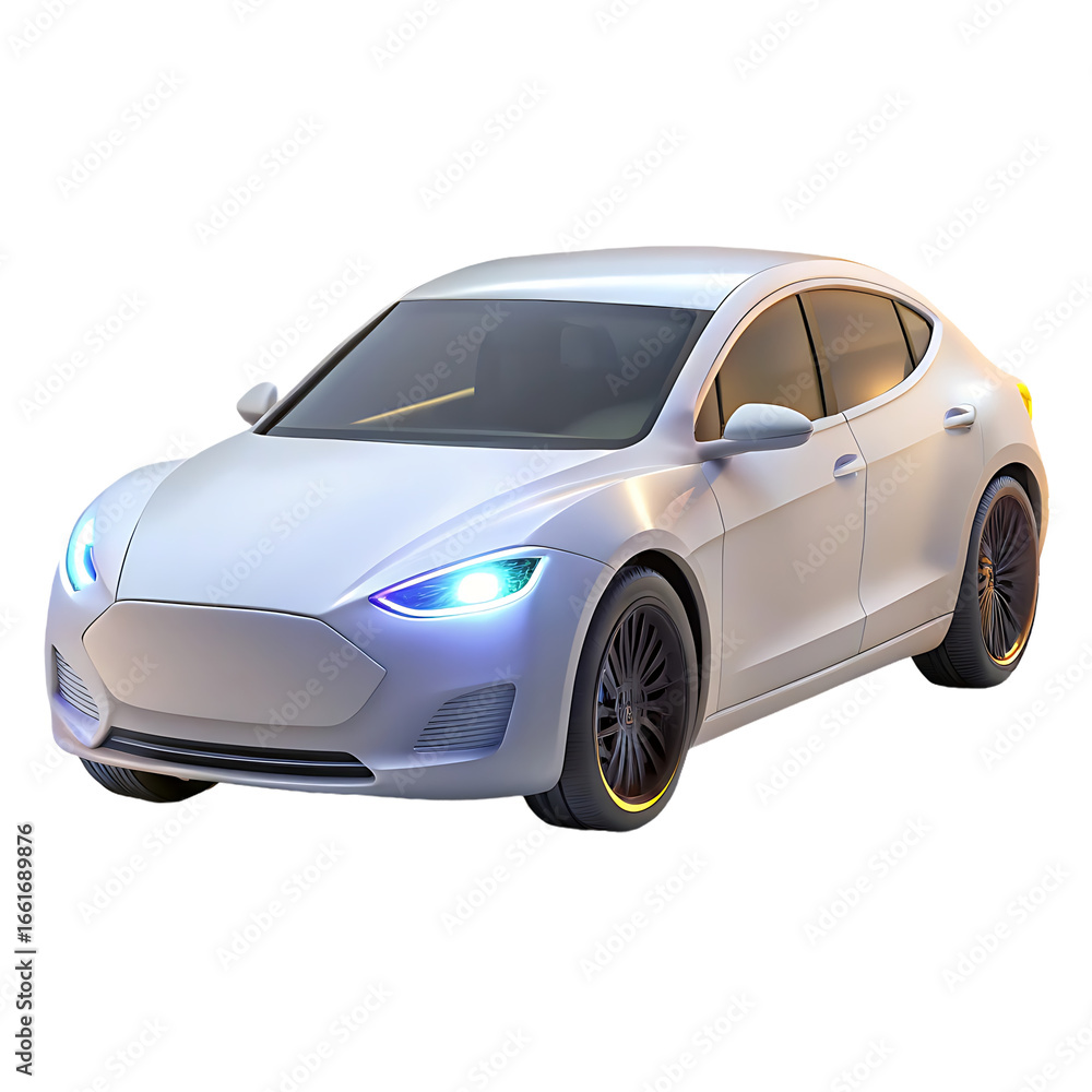 Fototapeta premium Sleek white electric sedan with illuminated led headlights