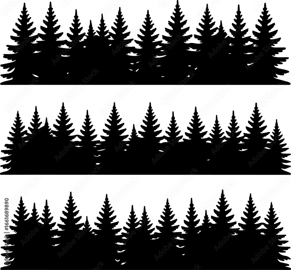 Fototapeta premium Three horizontal black silhouette strips of dense pine tree forests
