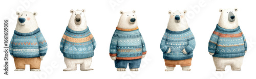 Set of cute polar bears in a sweater. Winter polar bears in blue sweaters watercolor. Christmas and winter cartoon characters. Mascots for winter, New Year and Christmas parties.