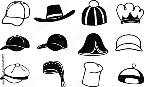 Vector art of assortment of various hat styles including caps, fedora, beanie, and chef hat.