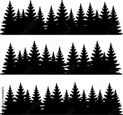 Three horizontal black silhouette strips of dense pine tree forests