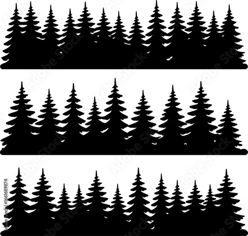 Three horizontal black silhouette strips of dense pine tree forests