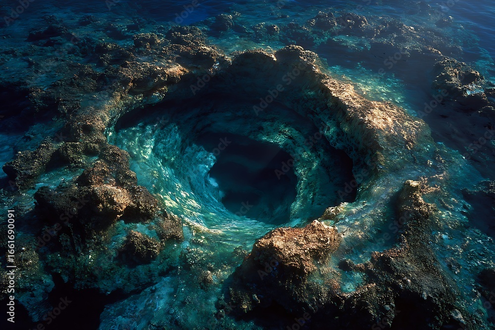 Obraz premium Colorful marine ecosystem flourishes inside celestial body collision depression beneath sea surface 