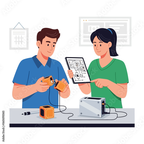 Team of Technicians At Work: A pair of skilled technicians engaged in collaborative work, examining intricate schematics and assembling electronic components with focused attention.