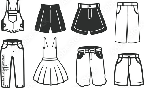 Vector art of a selection of clothing items, including shorts, pants, overalls, and a dress, showcasing different styles and cuts.