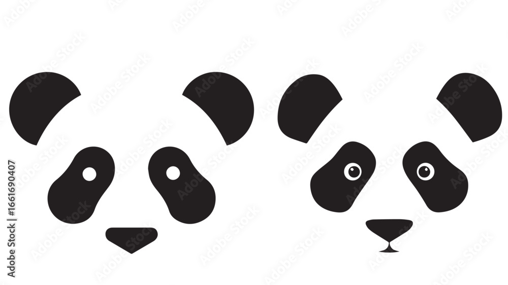 Fototapeta premium Minimalist black and white panda face icons – geometric animal silhouettes for modern stock design.