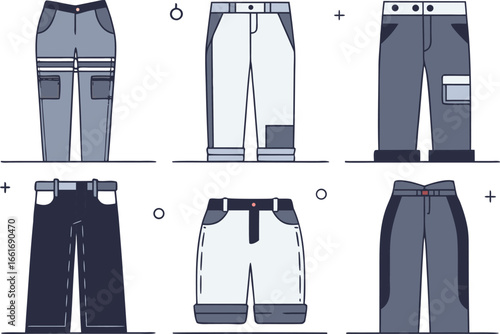 Vector art of variety of blue and grey pants and shorts, including cargo and jeans.