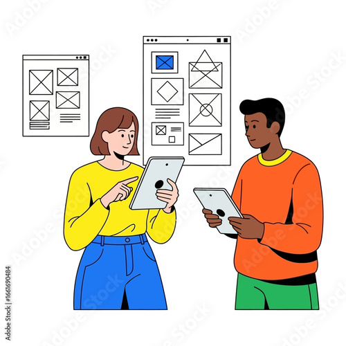 Digital Collaboration: Two colleagues work together, conceptualizing web layouts on tablets. They appear to be collaborating on design concepts, representing modern workplace. 