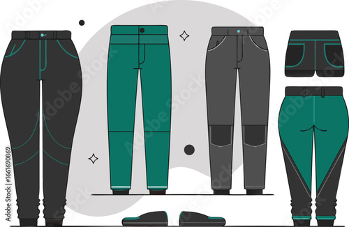 Vector art of collection of various pants and shorts in different colors and styles.