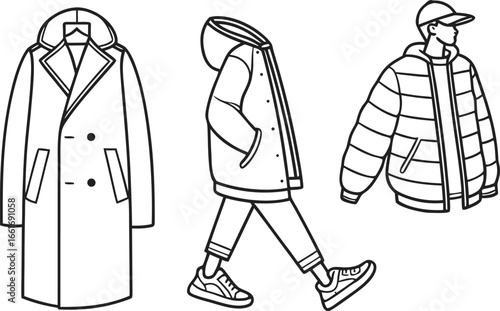 Vector art of fashion illustration of winter outerwear including a trench coat, hooded jacket, and puffer jacket.