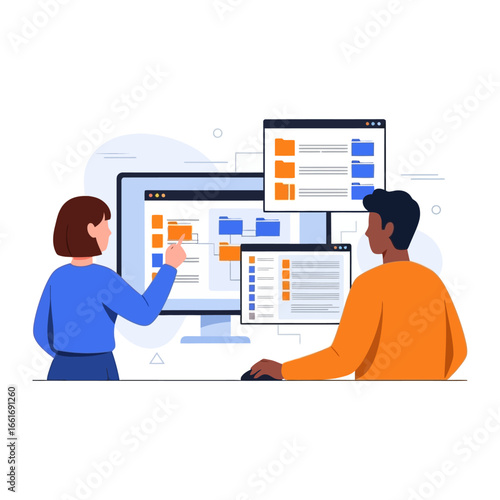 Digital Synergy: Illustrative of a collaboration between two individuals engrossed in software.