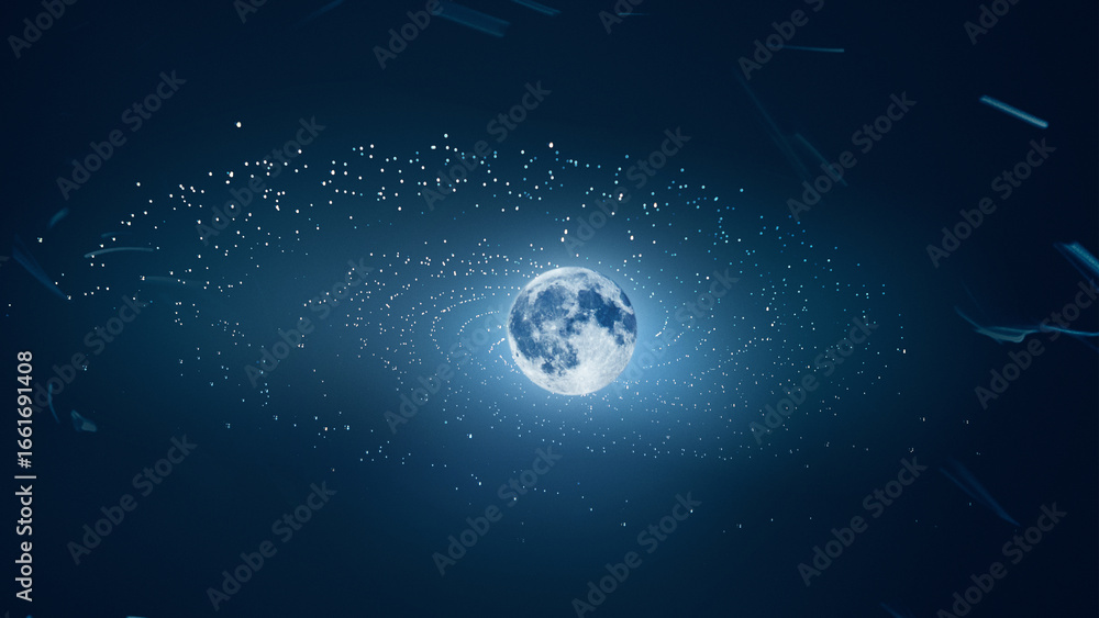 Naklejka premium Digital artwork. Glowing moon floating in cosmic orbit surrounded by stars. Concept of surreal cosmic play, creativity, imagination, futuristic dream, and visual fantasy.