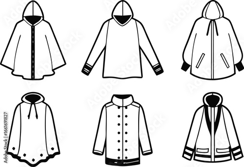 Vector art of collection of six different hooded jackets and outerwear pieces.
