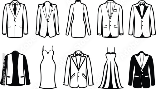 Vector art of monochromatic illustration of various formal wear items, including suits, tuxedos, and dresses.