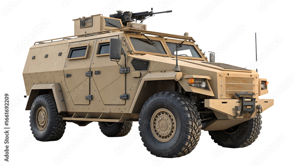 Fototapeta premium Tan armored combat vehicle with machine gun mounted on roof in desert environment