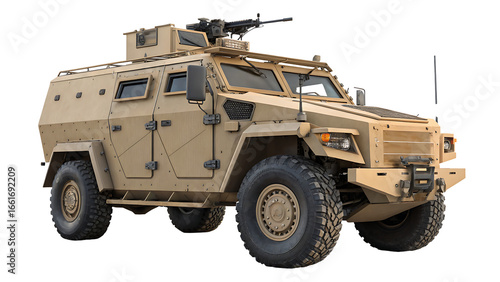 Tan armored combat vehicle with machine gun mounted on roof in desert environment