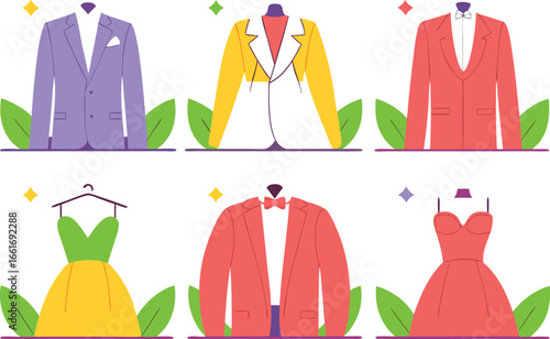 Vector art of collection of formal and elegant attire including suits, tuxedos, and dresses.