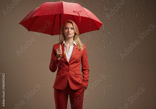 Young woman in red suit holding an umbrella with rain falling  
