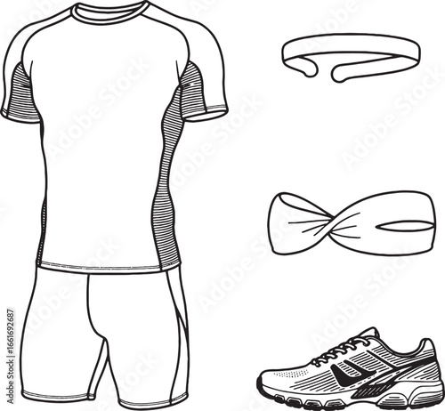 Black and white outline illustration of athletic wear including at-shirt shorts headband and running shoe