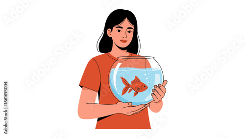 Woman with Fishbowl: An illustration capturing a young woman cradling a goldfish bowl, showcasing the tender connection between person and pet.