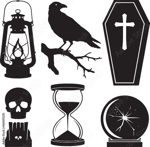 Dark Halloween Icons Silhouette With Lantern Raven Coffin And Hourglass kerosene lantern