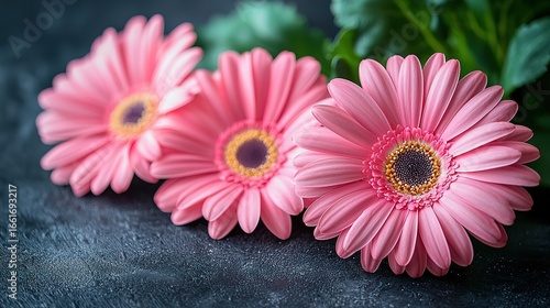 Soft-Focus Pink Gerbera Daisies Macro: Dark Gray Background Blooming Petals Detail
