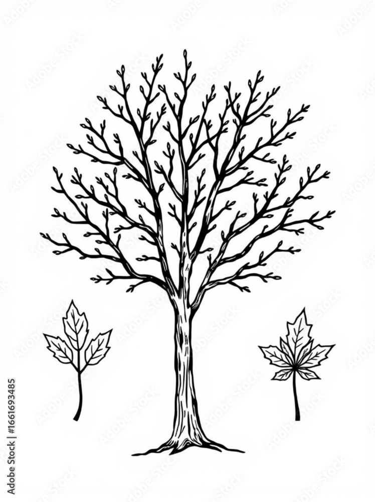 Obraz premium Minimilist illustration of a bare tree with detailed branches and two leaves on a white background design element vector
